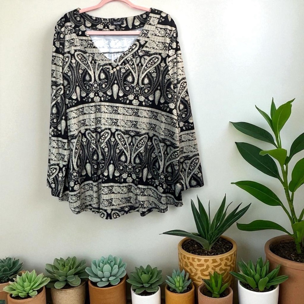 Folunsi Black Cream Paisley Print Pullover Blouse Shirt Top Long Sleeve Plus 3X